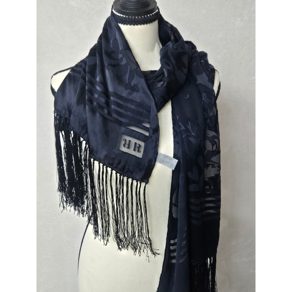 Raffaella Curiel Navy Blue and Black 100% Silk Floral Fringe Scarf Made in Italy